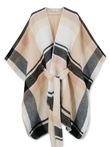 Neutral Plaid Belt Shawl Wrap